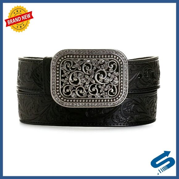 Western Tooled Leather Belt with Rhinestone Buckle, 1.5 Inch Wide main image 8